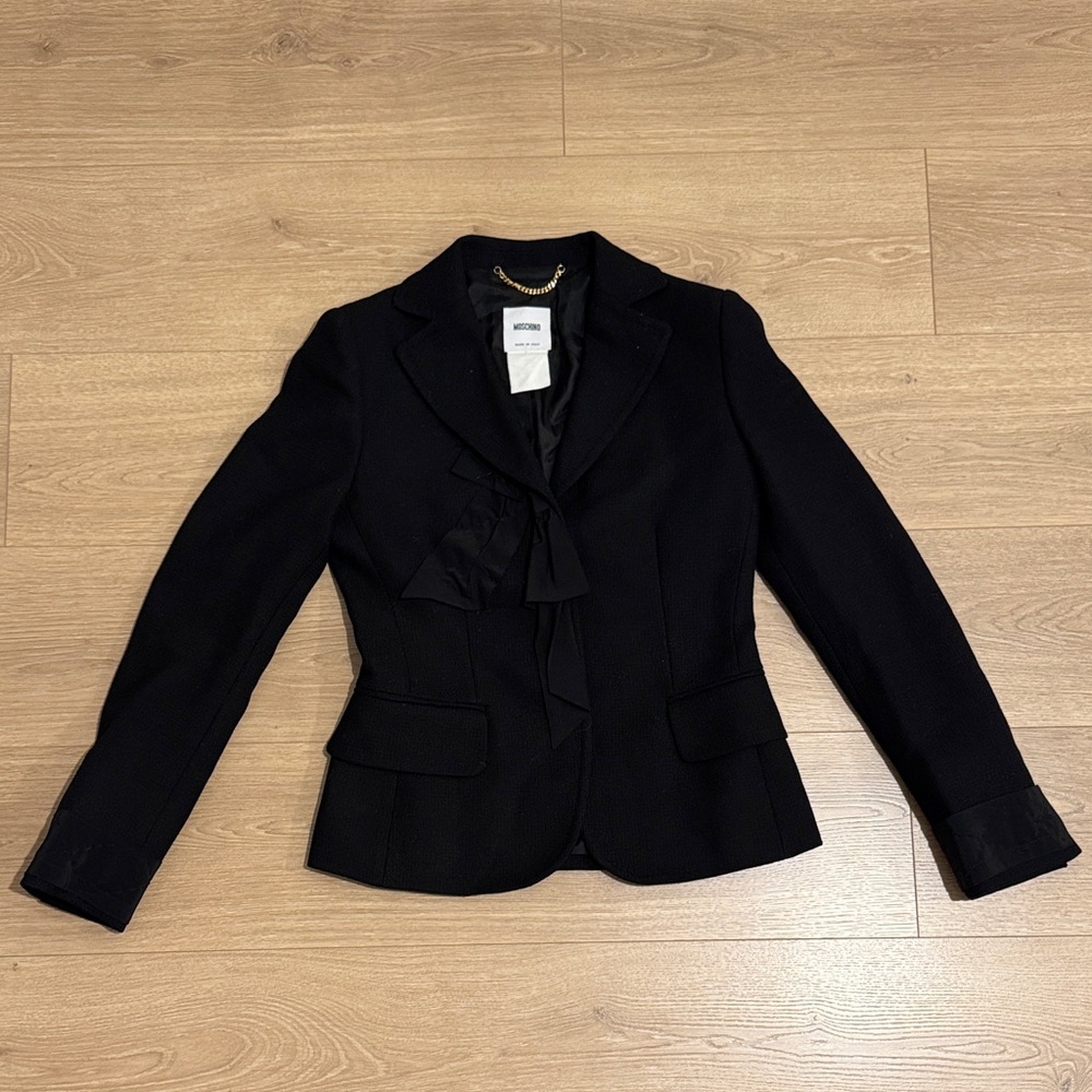 Moschino Designer Quiet Luxury Black Wool Blazer Jacket with Bow detail size 6